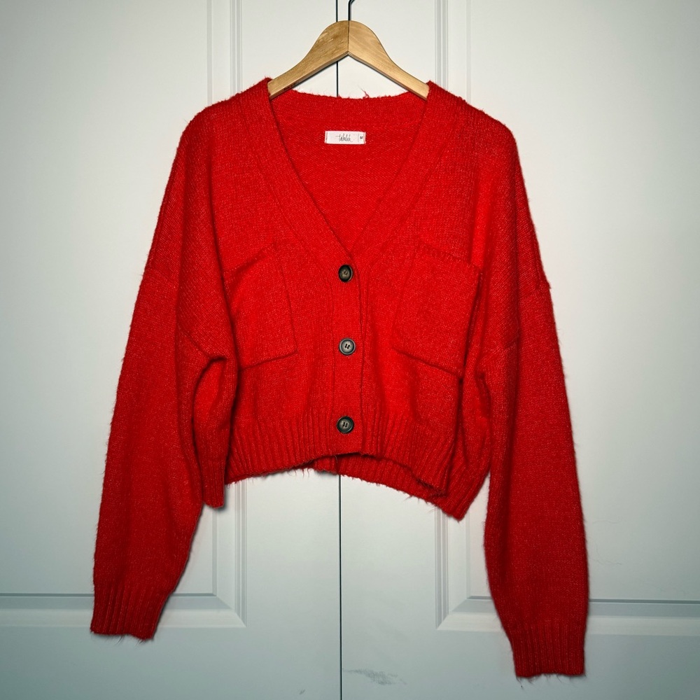 Red Women's Cropped Pocket Sweater